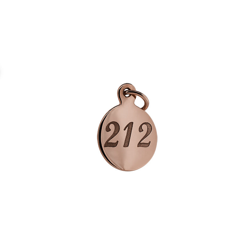 
                  
                    Load image into Gallery viewer, Front view of engraved area code pendant with &amp;quot;212&amp;quot;. Pendant is 14kt rose gold and 9.3mm.
                  
                