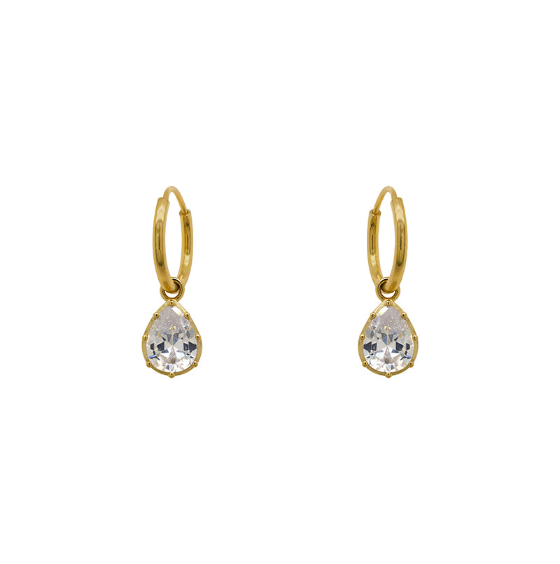 Hoop style earrings made of 14 kt yellow gold vermeil with dangling pear cut crystals each secured with 8 prongs. Displayed forward facing on a white background.
