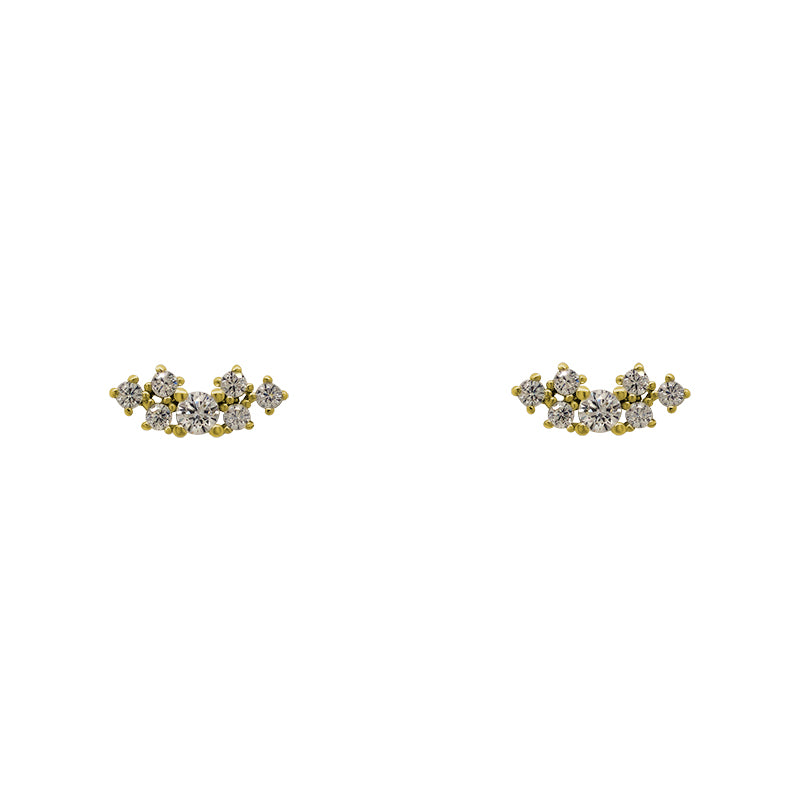 
                  
                    Load image into Gallery viewer, Pair of earrings with 7 round crystals in varied sizes clustered in a row. Settings are made of 14 kt yellow gold vermeil.
                  
                