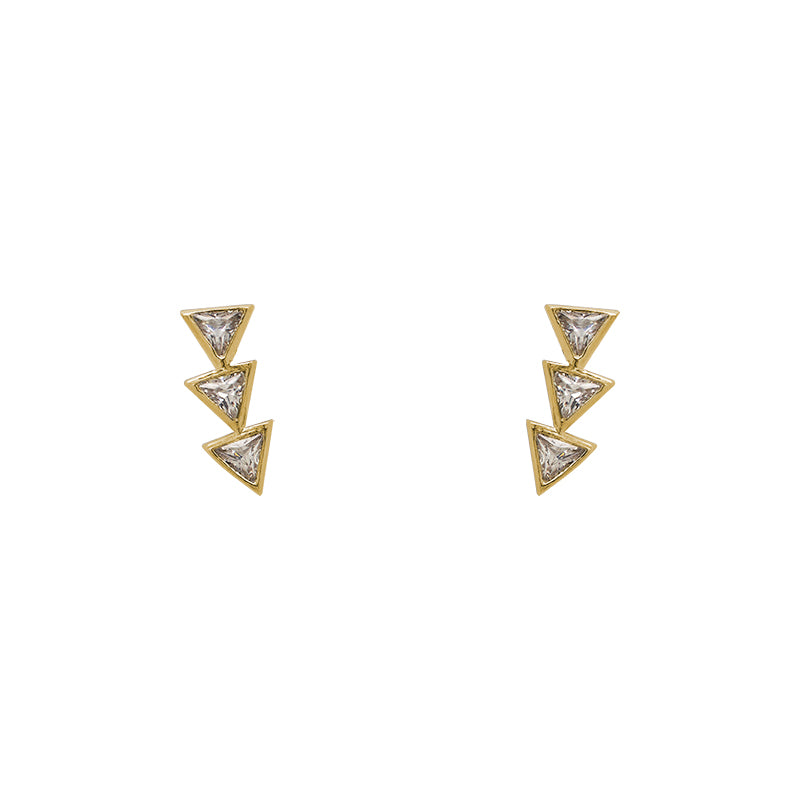 
                  
                    Load image into Gallery viewer, A pair of 14 kt yellow gold vermeil studs each with 3 trillion cut crystals on a white background.
                  
                