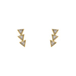 A pair of 14 kt yellow gold vermeil studs each with 3 trillion cut crystals on a white background.
