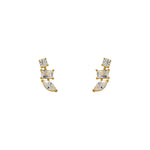 14Kt Yellow Gold Vermeil statement earrings containing  pear, baguette and round cut crystals. Displayed on a white background.