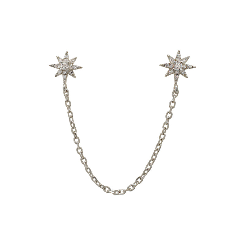 
                  
                    Load image into Gallery viewer, 925 sterling silver dual post starburst studs with a connecting chain on a white background.
                  
                