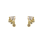 A pair of pear cut crystal studs, each having 3 small bezel set crystals, 2 rounds and 1 pear, dangling below and made of 14 kt yellow gold vermeil.