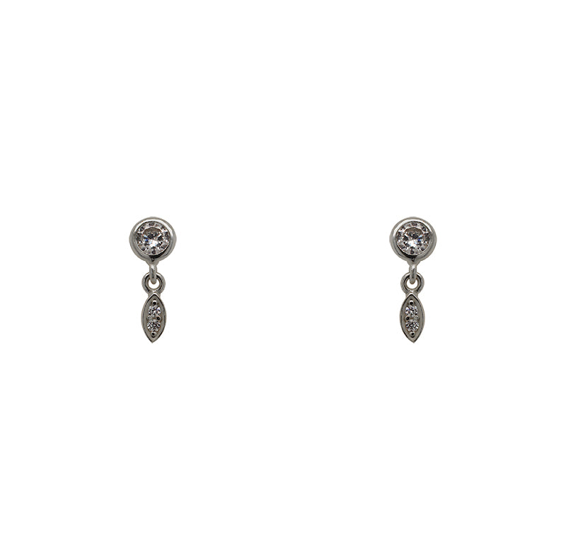 Pair of round bezel set crystals with a small marquis shape charm dangling with 2 crystals set within. Made of 925 sterling silver.