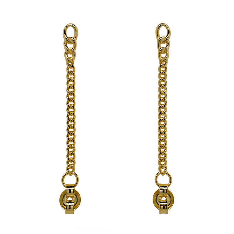 A pair of 14 kt yellow gold vermeil chain stud earrings on a white background.