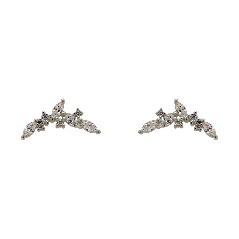 A pair of crystal studs, each with 4 marquis-cut and 4 round cut set clustered in an arch in 925 sterling silver.