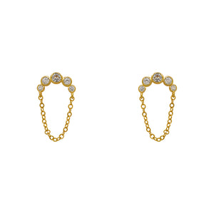 
                  
                    Load image into Gallery viewer, Made of 14 kt yellow gold vermeil, these arch and chain style crystal studs each have 5 bezel set crystals each.
                  
                