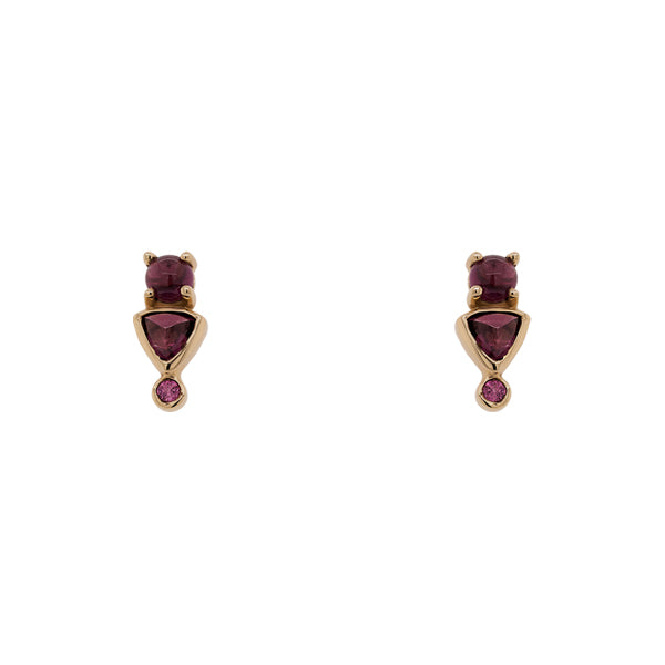 Front view of rhodolite garnet stud earrings with round, cabochon, and trillion cut stones set in 14 kt yellow gold settings. Displayed on a white background.