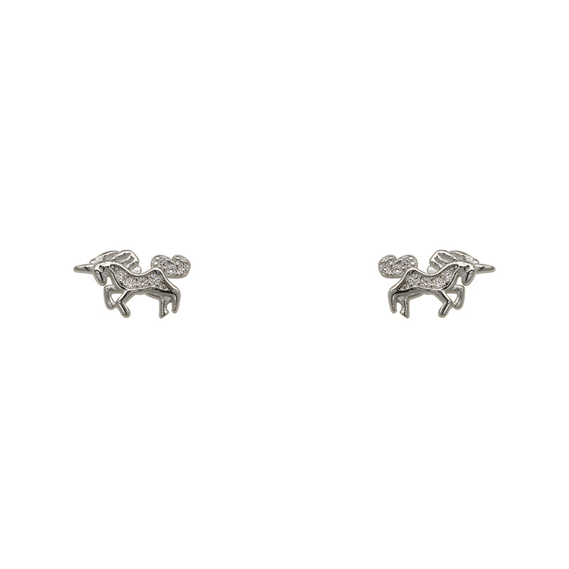 A pair of 925 sterling silver studs shaped as tiny unicorns. Each stud is adorned with 7 round cut crystals.