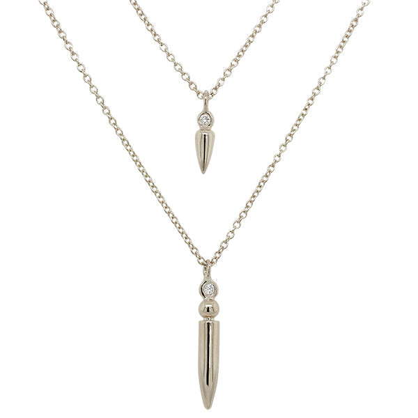 
                  
                    Load image into Gallery viewer, Front view of one small diamond spike necklace and one large diamond spike necklace cast in 14 kt white gold.
                  
                