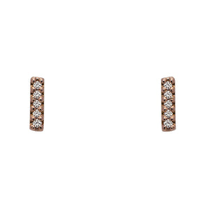 
                  
                    Load image into Gallery viewer, Front view of solid, 14 kt rose gold, bar shaped stud earrings with 5 round diamonds in each stud. Side view of 14 kt white gold huggies studded with pave diamonds. Displayed on white background.
                  
                