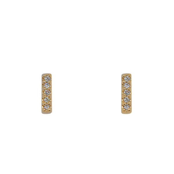 Front view of solid, 14 kt yellow gold, bar shaped stud earrings with 5 round diamonds in each stud. Displayed on white background.