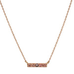 Front view of a solid 14 kt rose gold bar necklace with 5 round cut, warm colored sapphires.
