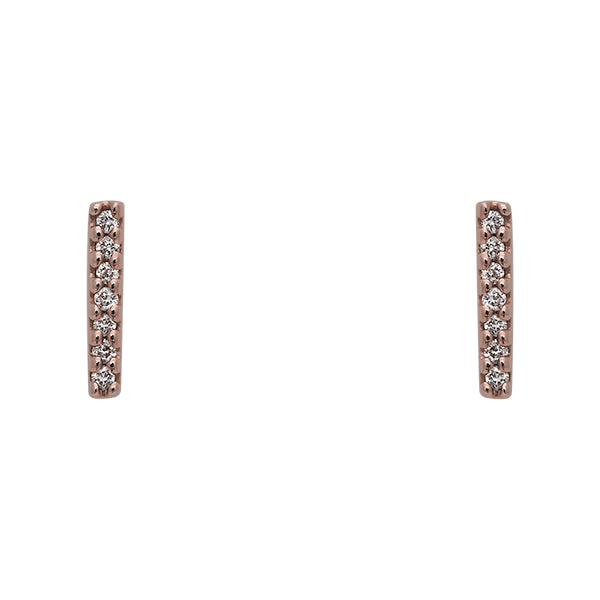 
                  
                    Load image into Gallery viewer, Front view of solid, 14 kt rose gold, bar shaped stud earrings with 7 round diamonds in each stud.
                  
                