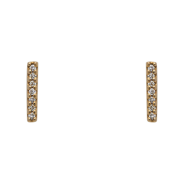 
                  
                    Load image into Gallery viewer, Front view of solid, 14 kt yellow gold, bar shaped stud earrings with 7 round diamonds in each stud.
                  
                