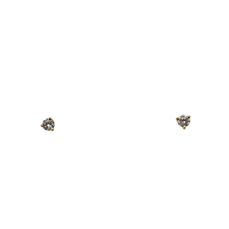 
                  
                    Load image into Gallery viewer, Front view of a pair of 0.08 tcw, round cut diamond studs in a 14 kt yellow gold, 3 prong martini setting. Displayed on white background.
                  
                
