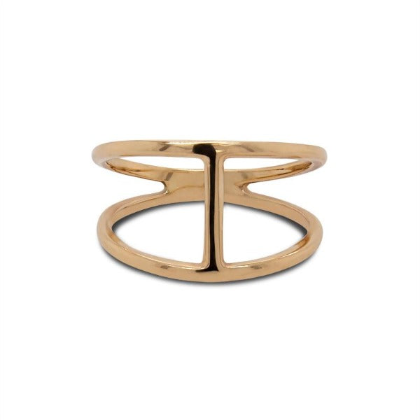 Front view of double band bar ring cast in 14 kt yellow gold.