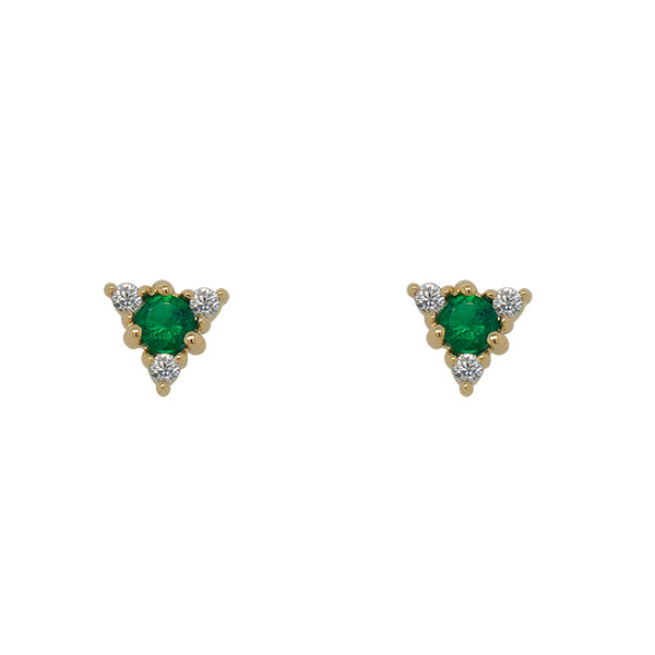 Front view of triangle shaped studs. Each stud has 1 round emerald in the center surrounded by 3 round diamonds. Each earring is set in solid 14 kt yellow gold. Side view of 14 kt white gold huggies studded with pave diamonds. Displayed on white background.