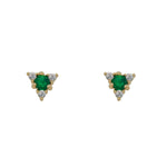 Front view of triangle shaped studs. Each stud has 1 round emerald in the center surrounded by 3 round diamonds. Each earring is set in solid 14 kt yellow gold. Side view of 14 kt white gold huggies studded with pave diamonds. Displayed on white background.