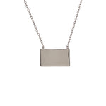 Front view of plain sterling silver rectangular pendant with stationary chain. Measures 18mm x 10mm with chain from 16" to 18".