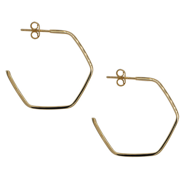 Side view of hexagon shaped hoop earrings made of solid 14 kt yellow gold. Displayed on white background.