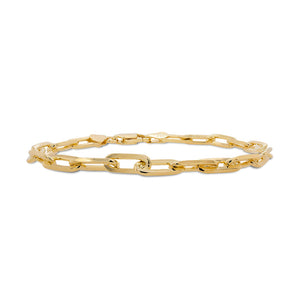 
                  
                    Load image into Gallery viewer, Front view of large size, paper clip style bracelet made of solid sterling silver and plated in 14 kt yellow gold.
                  
                