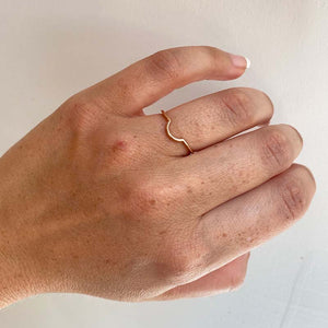 
                  
                    Load image into Gallery viewer, front view on left ring finger of thin arch shadow band cast in 14kt rose gold.
                  
                