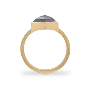 
                  
                    Load image into Gallery viewer, Side view of 2.27 ct solitaire ring, cast in 14 kt yellow gold, dark salt and pepper diamond in kite-shaped cut.
                  
                