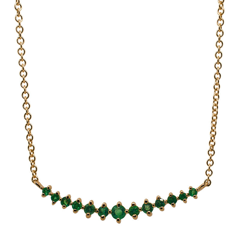 Front view of a 13 stone graduated emerald pendant necklace cast in 14 kt yellow gold.