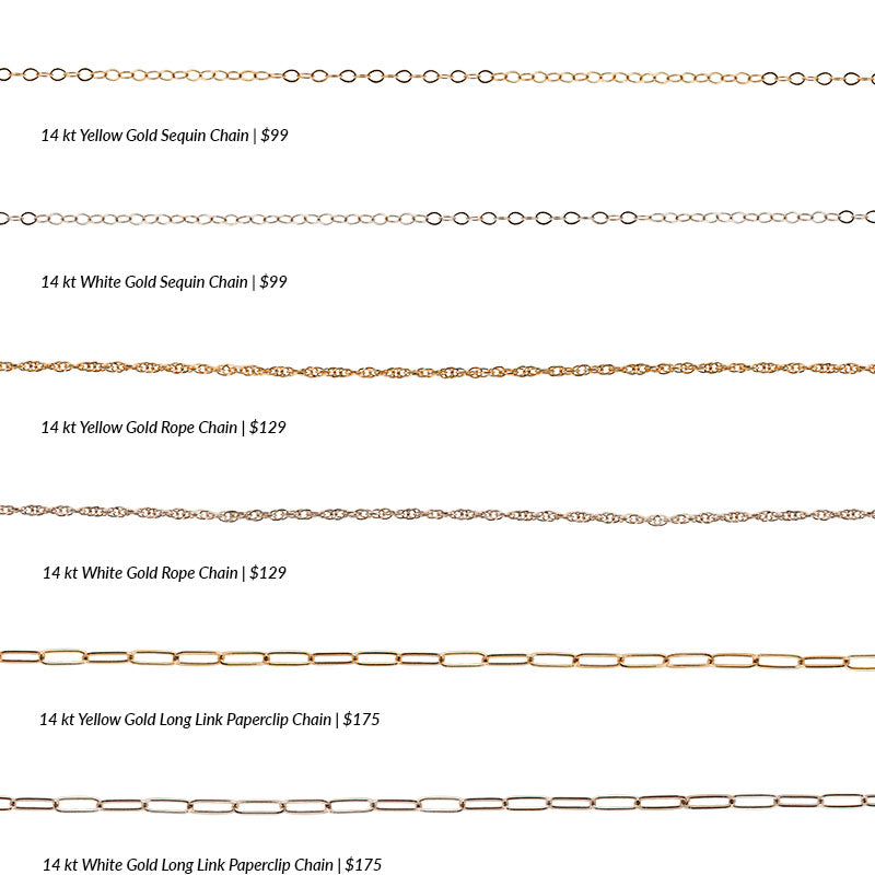 
                  
                    Load image into Gallery viewer, From top to bottom, an overview of a sequin style chain, rope style chain, and paperclip style chain in both solid 14 kt yellow gold and solid 14 kt white gold on a white background.
                  
                