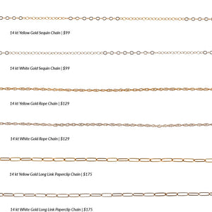 
                  
                    Load image into Gallery viewer, From top to bottom, an overview of a sequin style chain, rope style chain, and paperclip style chain in both solid 14 kt yellow gold and solid 14 kt white gold on a white background.
                  
                