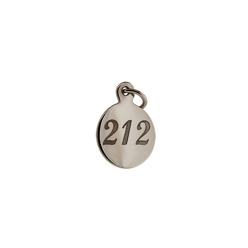Front view of engraved area code pendant with "212". Pendant is 14kt white gold and 9.3mm.