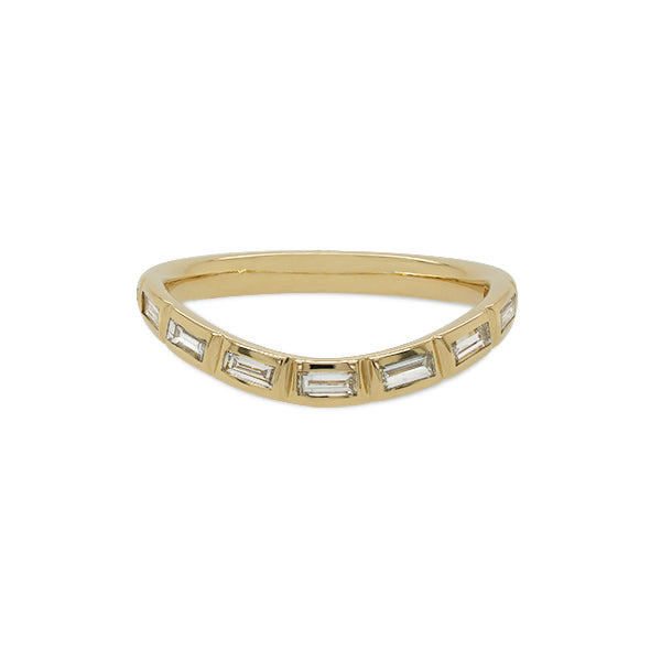 Front view of a shadow band with a slight center dip cast in solid 14 kt yellow gold with 9 bezel set diamonds.