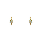 14 kt yellow gold vermeil huggie style earrings with faux opals set with 5 prongs. Displayed forward facing on a white background.