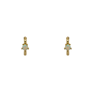 
                  
                    Load image into Gallery viewer, 14 kt yellow gold vermeil huggie style earrings with faux opals set with 5 prongs. Displayed forward facing on a white background.
                  
                
