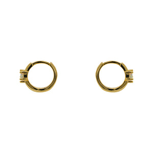 
                  
                    Load image into Gallery viewer, 14 kt yellow gold vermeil huggie style earrings with faux opals set with 5 prongs. Displayed side facing on a white background.
                  
                