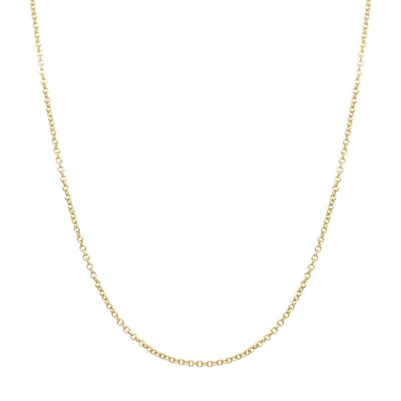 A yellow gold small cable chain shown on a white background.