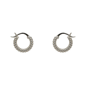 
                  
                    Load image into Gallery viewer, Small, beaded hoop earrings with a hinged post closure made of 925 sterling silver. Displayed side facing on a white background.
                  
                