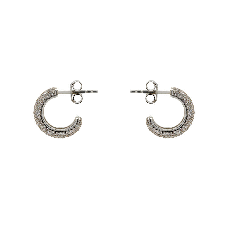 
                  
                    Load image into Gallery viewer, These earring are made in sterling silver and 5 rows of pave-set crystals. This hoops are 14mm wide and 3.1mm thick. Displayed side facing on a marbled background.
                  
                