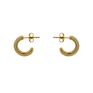 
                  
                    Load image into Gallery viewer, These earring are made in sterling silver with 14kt gold plating and 5 rows of pave-set crystals. This hoops are 14mm wide and 3.1mm thick. Displayed side facing on a marbled background.
                  
                