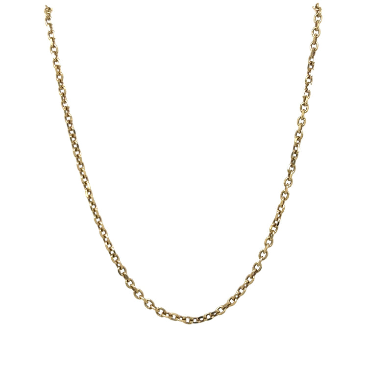 A yellow gold chain with small round links shown on a white background.