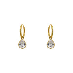 Hoop style earrings made of 14 kt yellow gold vermeil with dangling pear cut crystals each secured with 8 prongs. Displayed forward facing on a white background.