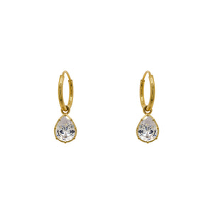 
                  
                    Load image into Gallery viewer, Hoop style earrings made of 14 kt yellow gold vermeil with dangling pear cut crystals each secured with 8 prongs. Displayed forward facing on a white background.
                  
                