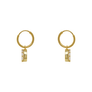 
                  
                    Load image into Gallery viewer, Hoop style earrings made of 14 kt yellow gold vermeil with dangling pear cut crystals each secured with 8 prongs. Displayed side facing on a white background.
                  
                