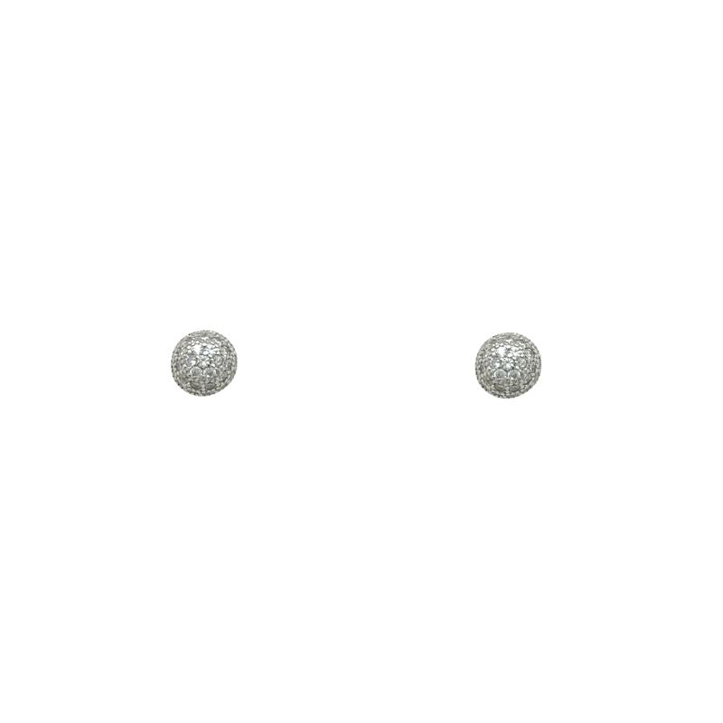 A photo of round sterling silver studs covered in small sparkling crystals. Shown on a white background.