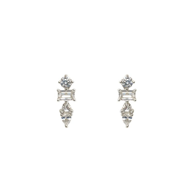A front view of sterling silver mixed cut crystal drop studs on a white background.