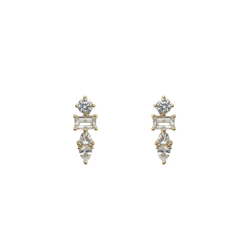 A front view of yellow gold mixed cut crystal drop studs on a white background.