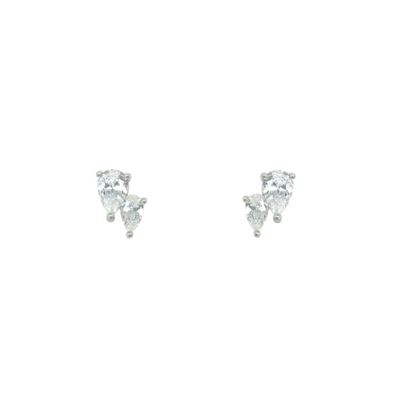 A pair of double pear studs in sterling silver shown on a white background.