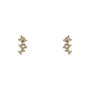 
                  
                    Load image into Gallery viewer, A pair of crystal cluster studs with 2 round cut and 3 baguette cut crystals set in 14 kt yellow gold vermeil on a white background.
                  
                
